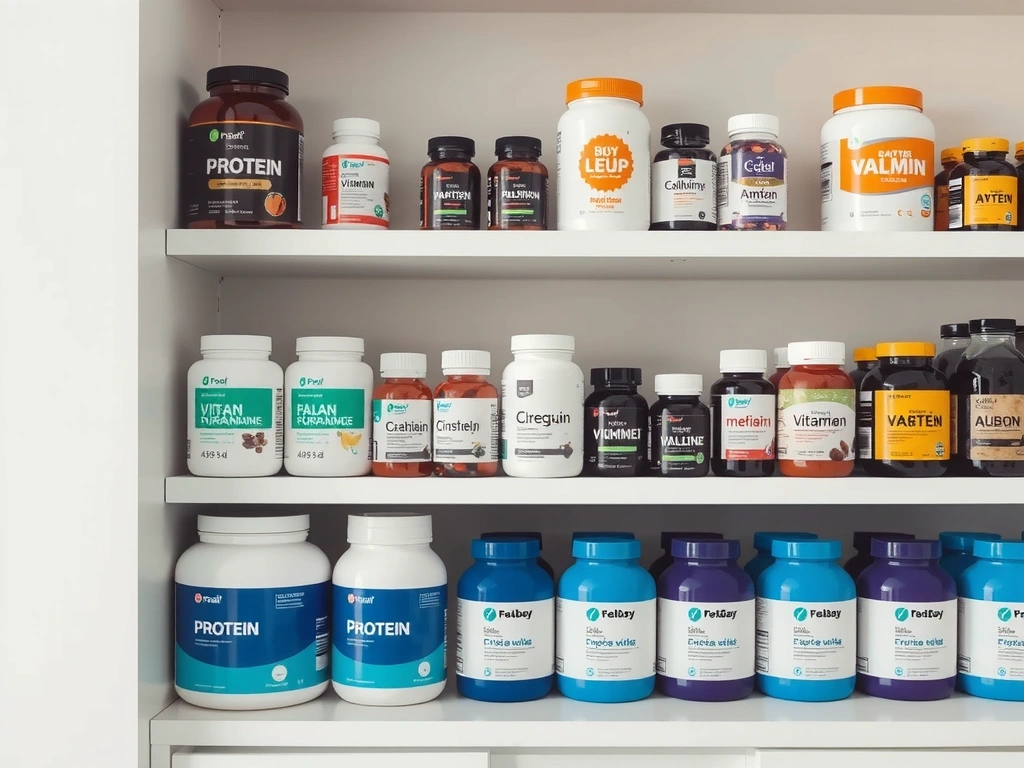 Ποικιλία συμπληρωμάτων διατροφής σε ένα ράφι, με μπουκάλια, κάψουλες και σκόνες, σε μοντέρνο και φωτεινό περιβάλλον.