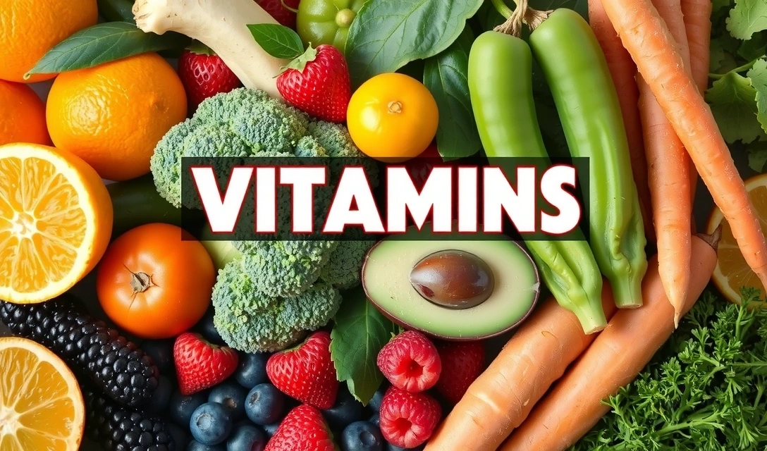 Μια σειρά από πολύχρωμα φρούτα και λαχανικά, όπως πορτοκάλια, μπρόκολα, μούρα και καρότα, συμβολίζοντας την ποικιλία των βιταμινών που βρίσκονται στη φύση.