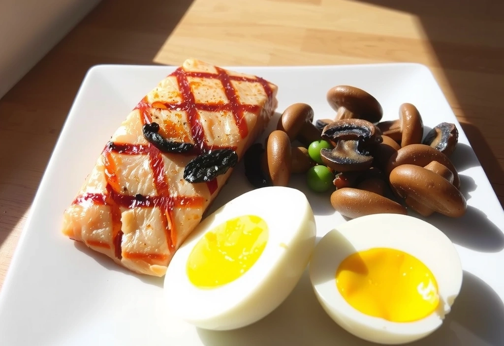 Πιάτο με σολομό, μανιτάρια και αυγά, τροφές πλούσιες σε Βιταμίνη D, με φυσικό φως να πέφτει πάνω τους.